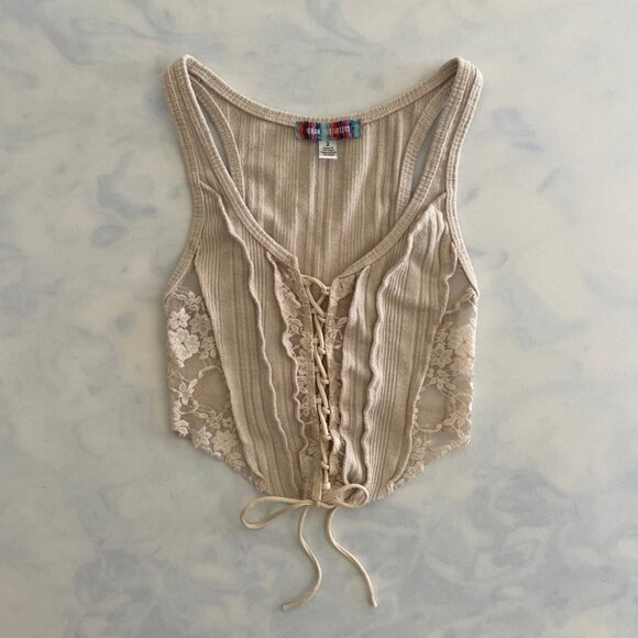 Urban Outfitters Cream Lace Up Cropped Sleeveless Blouse - Picture 1 of 5